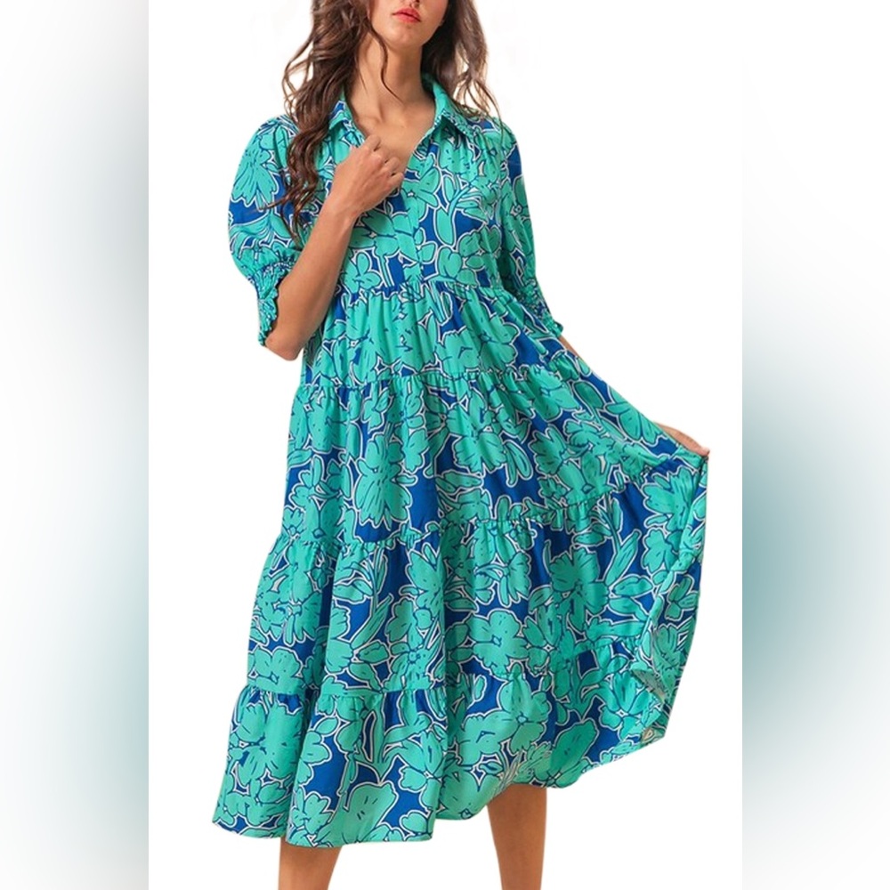 NWT Floral Tiered Maxi Dress in Teal and Blue